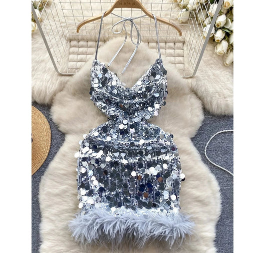 Latest Design Solid Color Shining Sequin Party Dresses Mini Length Women Evening Dresses