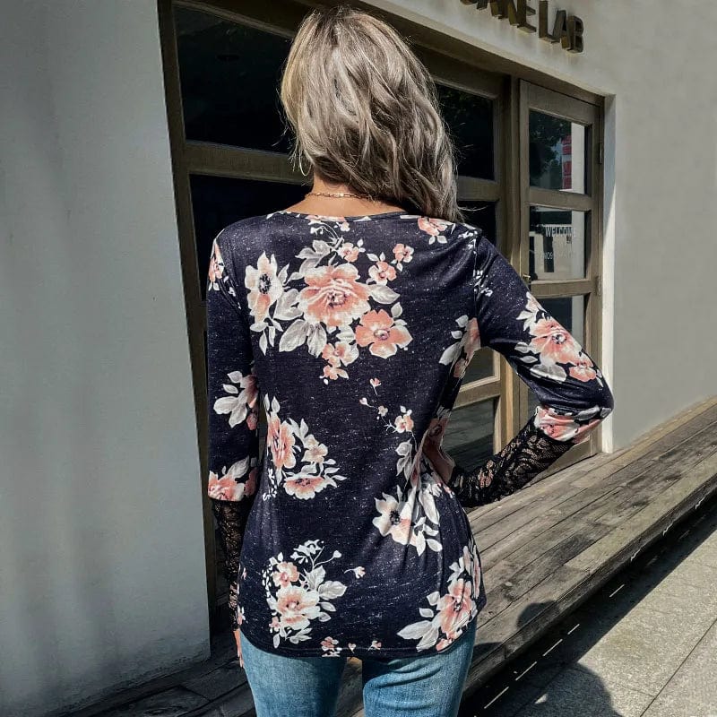 Latest Design Women Autumn Lace Splicing Casual Knit Floral Print Long Sleeve T Shirt