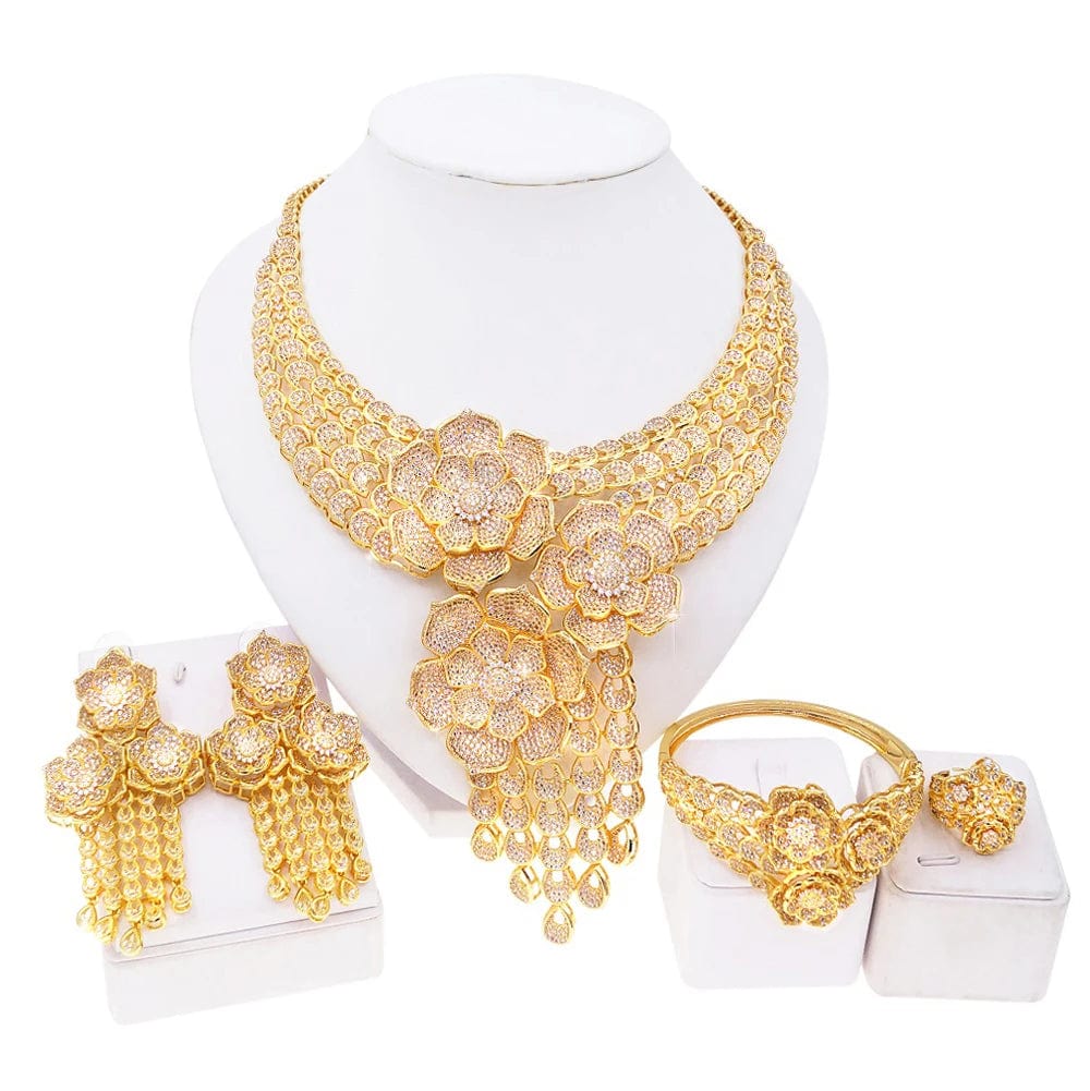 Latest Fashion 24K 18K Gold Plated Wedding Gift Jewelry set Bridal Zircon High Quality Necklace Earring Bracelet Ring Jewels