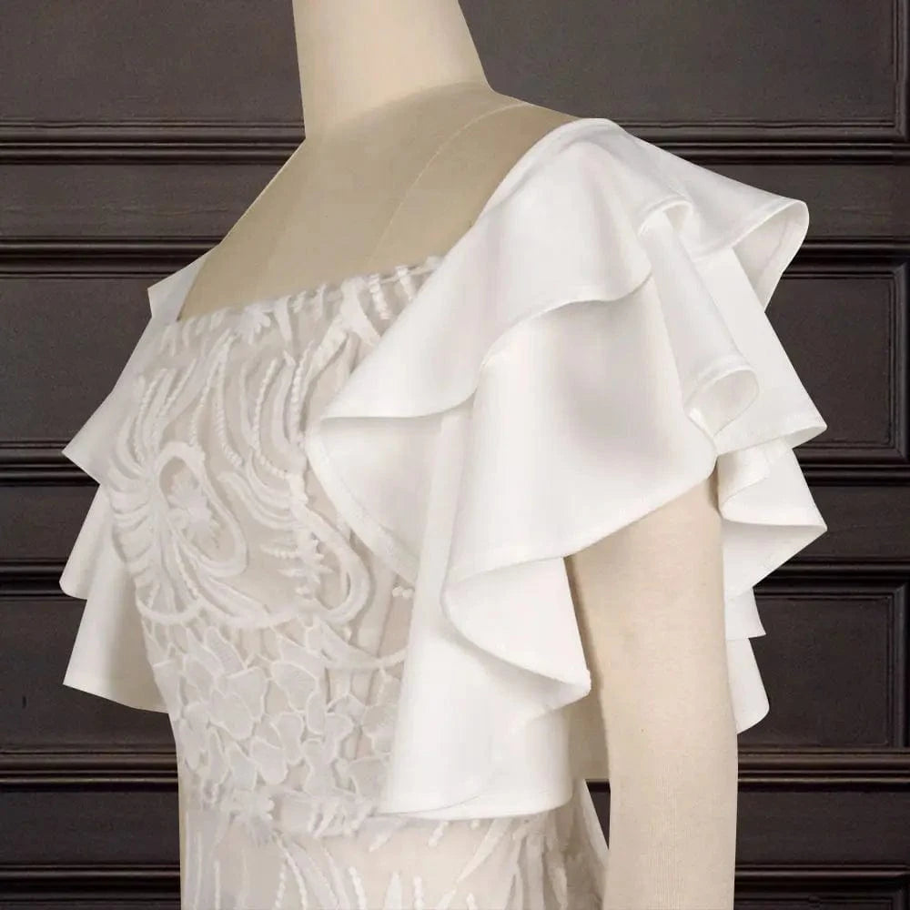 Latest Lace Chic One Shoulder Ruffle Sleeve Lady Evening Dress Solid Color Dresses Women Casual Summer White Dress