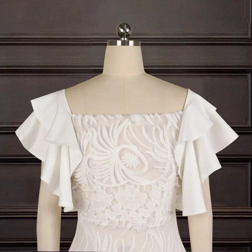 Latest Lace Chic One Shoulder Ruffle Sleeve Lady Evening Dress Solid Color Dresses Women Casual Summer White Dress