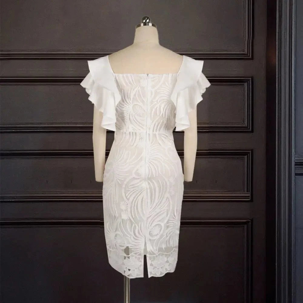 Latest Lace Chic One Shoulder Ruffle Sleeve Lady Evening Dress Solid Color Dresses Women Casual Summer White Dress