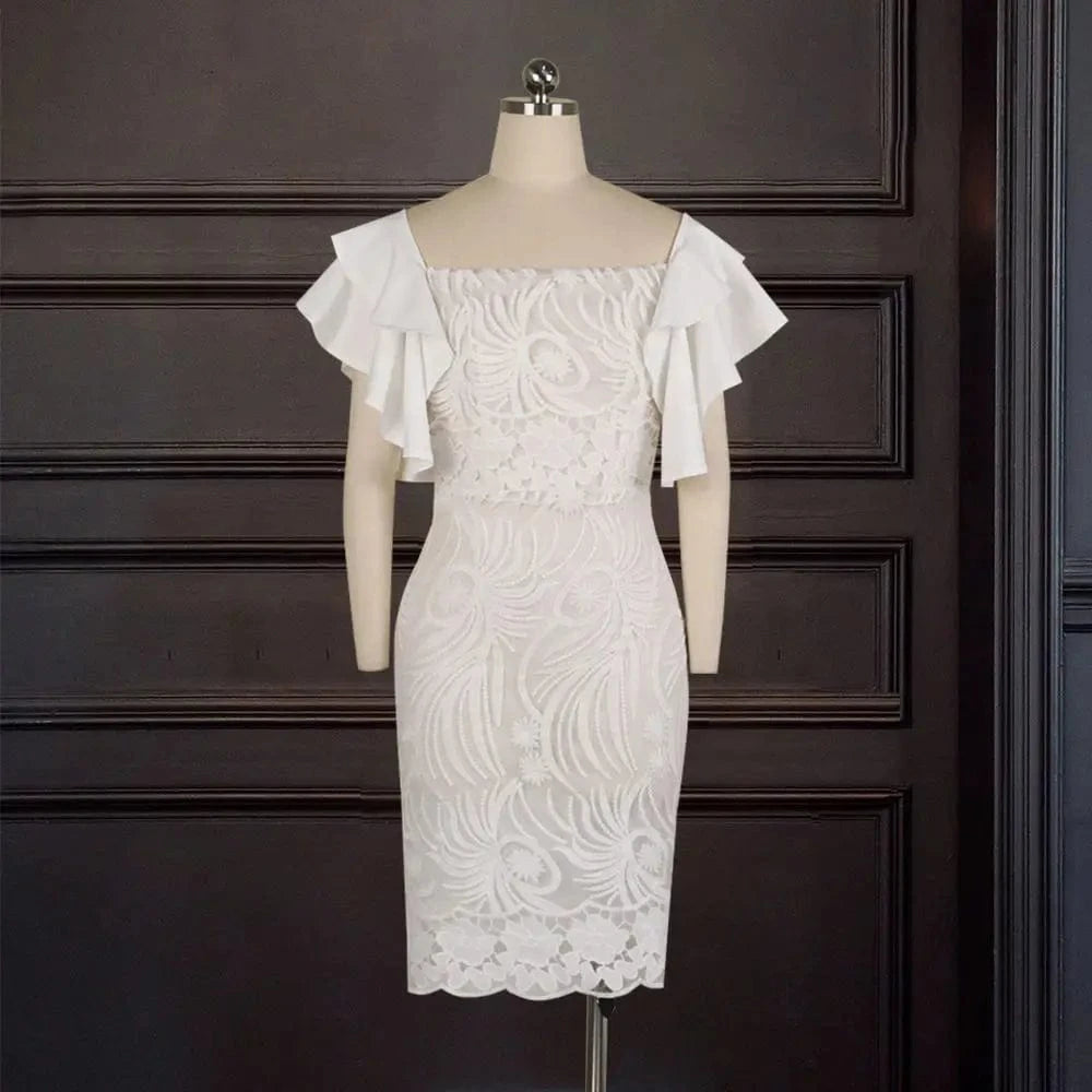 Latest Lace Chic One Shoulder Ruffle Sleeve Lady Evening Dress Solid Color Dresses Women Casual Summer White Dress