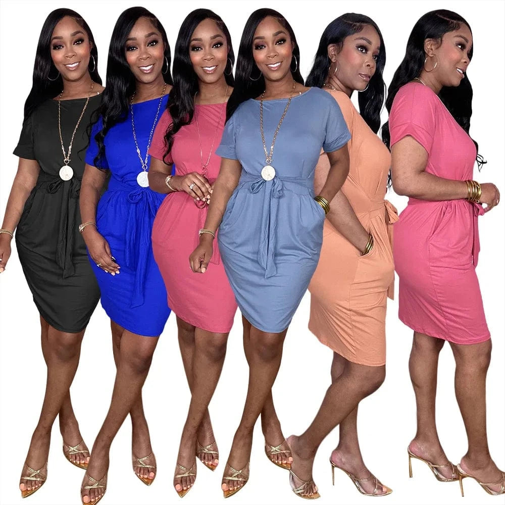 Latest Lady Office Career DressLace Up Solid Color Dress Women Office Dresses