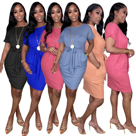 Latest Lady Office Career DressLace Up Solid Color Dress Women Office Dresses