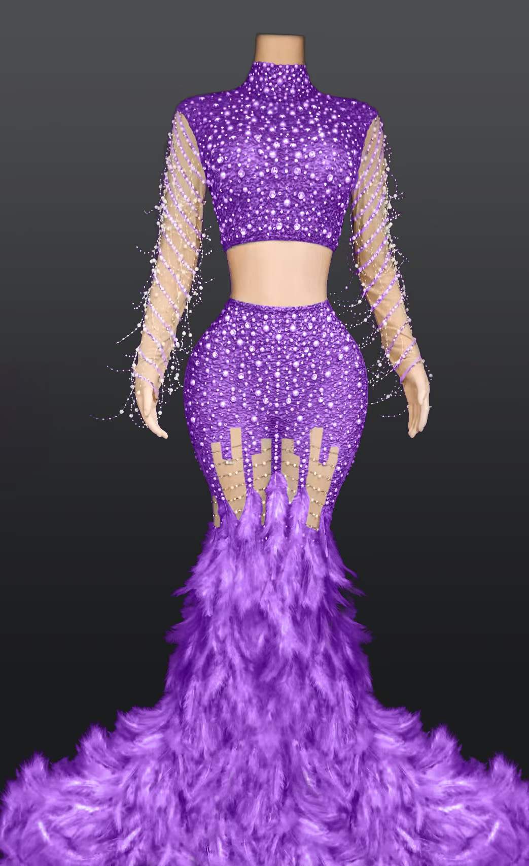 Latest Spring Elegant Bodycon 2 Piece Set Women Dresses Feather Rhinestone Beautiful Mermaid Evening Dresses