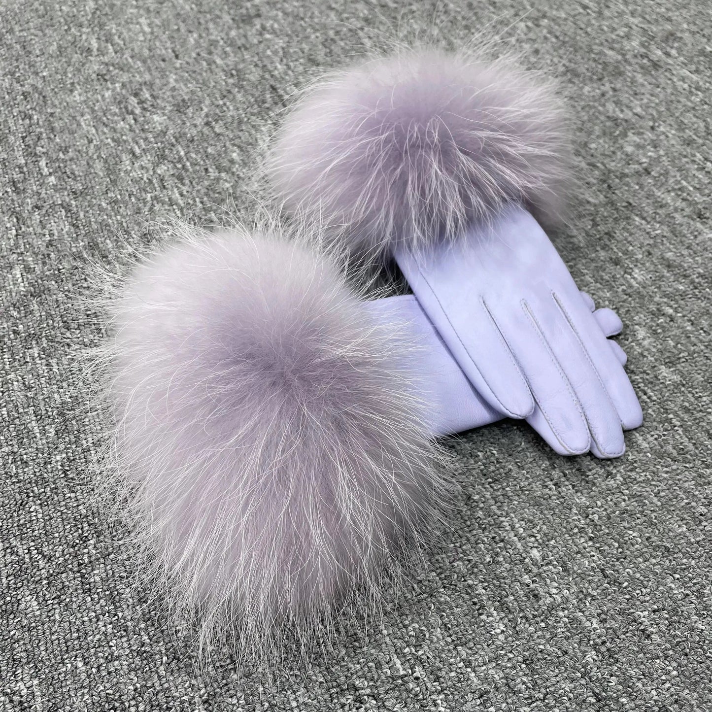 Lavender Modern Style Beautiful Design Colorful Raccoon Fur Cuff Genuine Leather Gloves For Women