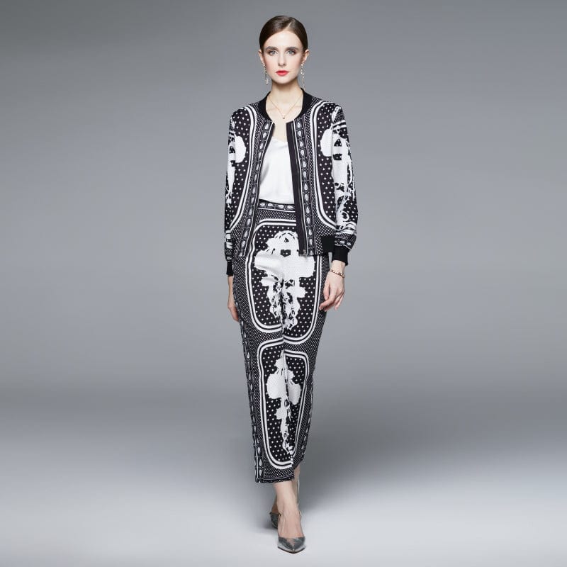 LDY6742088 New European and American famous fashion print jacket + casual pencil pants baseball uniform suit