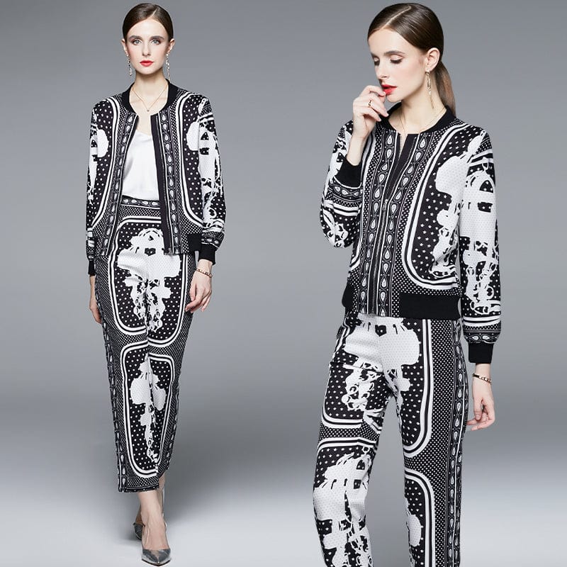 LDY6742088 New European and American famous fashion print jacket + casual pencil pants baseball uniform suit