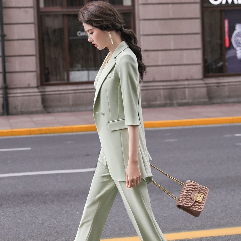 Lenshin 2 Piece Set Half Sleeve Solid Pant Suit Summer Wear Candy color Office Lady Designs Women Blazer and Wide Leg Pant Sets