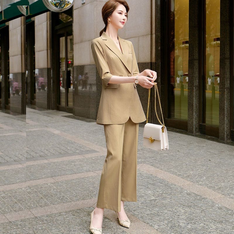 Lenshin 2 Piece Set Half Sleeve Solid Pant Suit Summer Wear Candy color Office Lady Designs Women Blazer and Wide Leg Pant Sets
