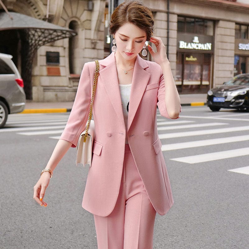 Lenshin 2 Piece Set Half Sleeve Solid Pant Suit Summer Wear Candy color Office Lady Designs Women Blazer and Wide Leg Pant Sets
