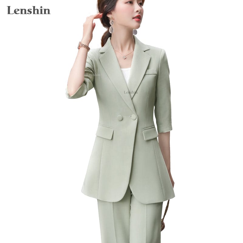 Lenshin 2 Piece Set Half Sleeve Solid Pant Suit Summer Wear Candy color Office Lady Designs Women Blazer and Wide Leg Pant Sets