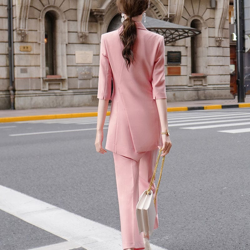 Lenshin 2 Piece Set Half Sleeve Solid Pant Suit Summer Wear Candy color Office Lady Designs Women Blazer and Wide Leg Pant Sets