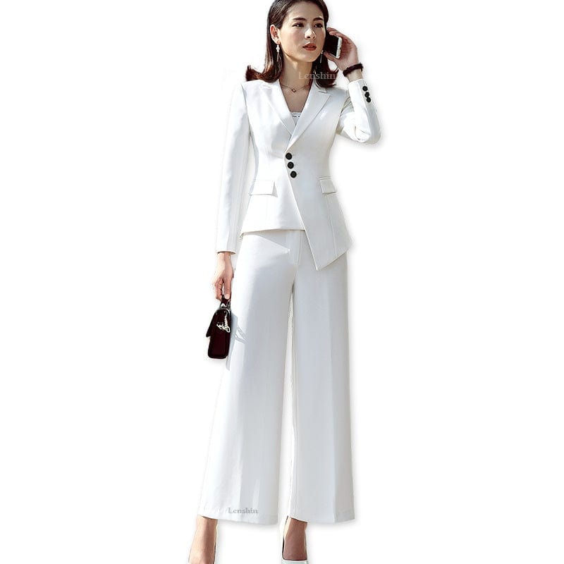 Lenshin 2 Pieces Set Formal Pant Suit with Pocket Women Work Wear Office Lady Uniform Style Business Jacket with Loose Pants