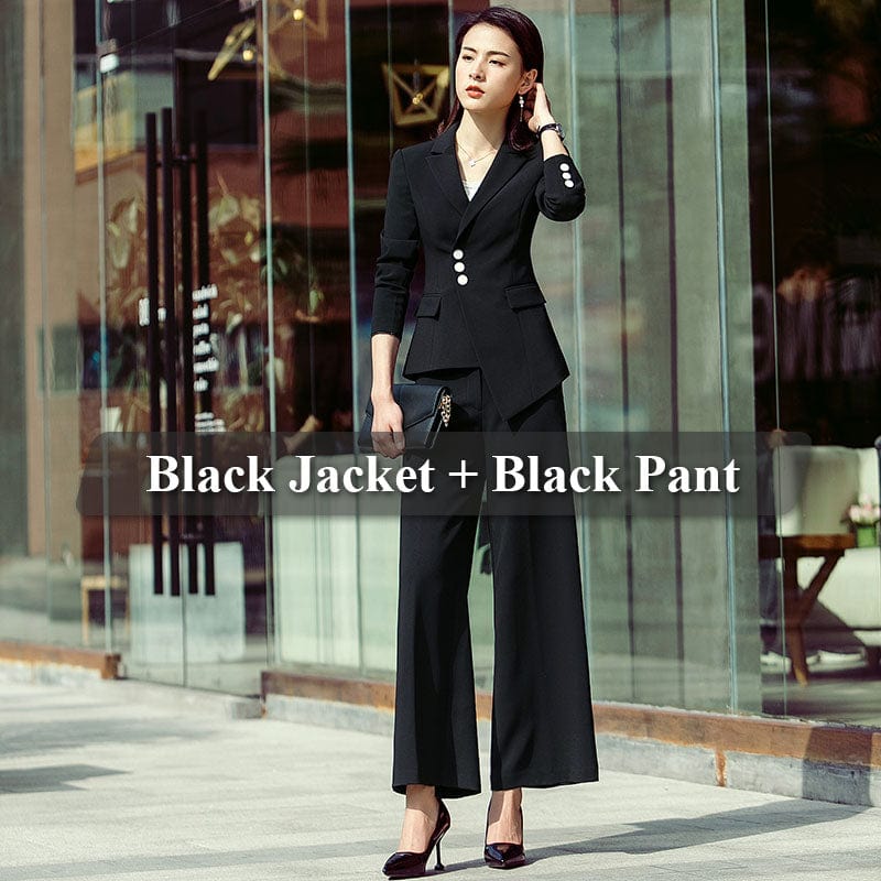 Lenshin 2 Pieces Set Formal Pant Suit with Pocket Women Work Wear Office Lady Uniform Style Business Jacket with Loose Pants