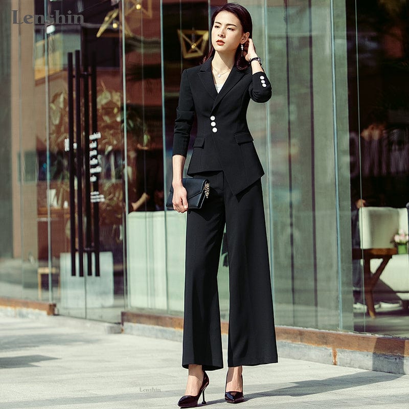 Lenshin 2 Pieces Set Formal Pant Suit with Pocket Women Work Wear Office Lady Uniform Style Business Jacket with Loose Pants