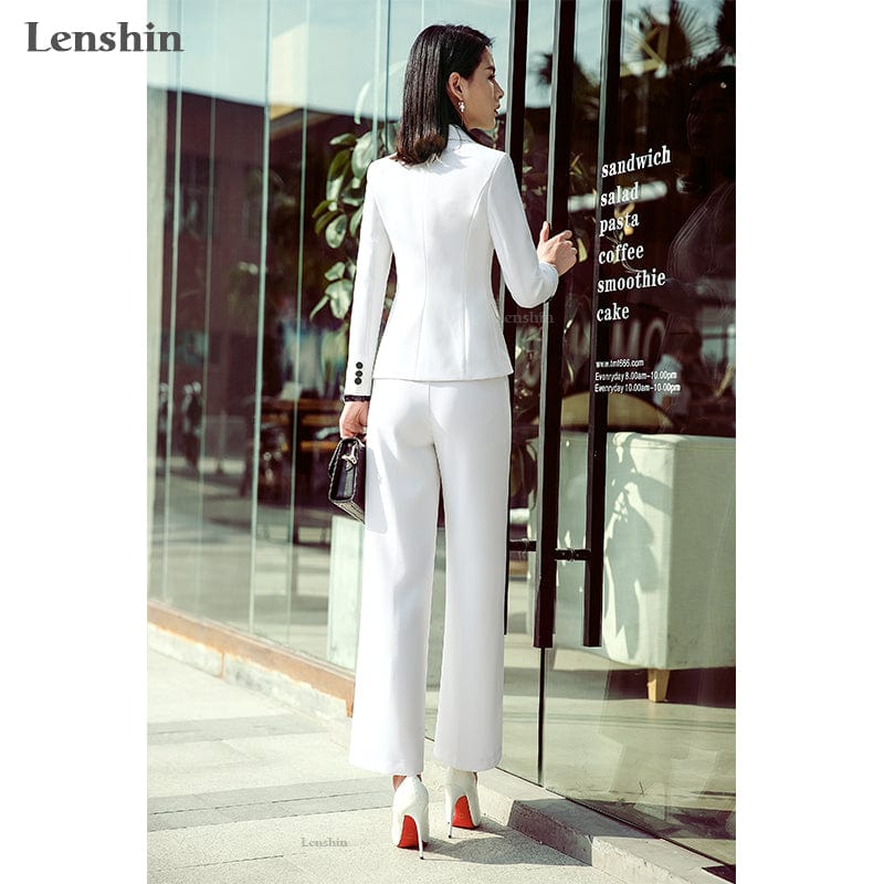 Lenshin 2 Pieces Set Formal Pant Suit with Pocket Women Work Wear Office Lady Uniform Style Business Jacket with Loose Pants