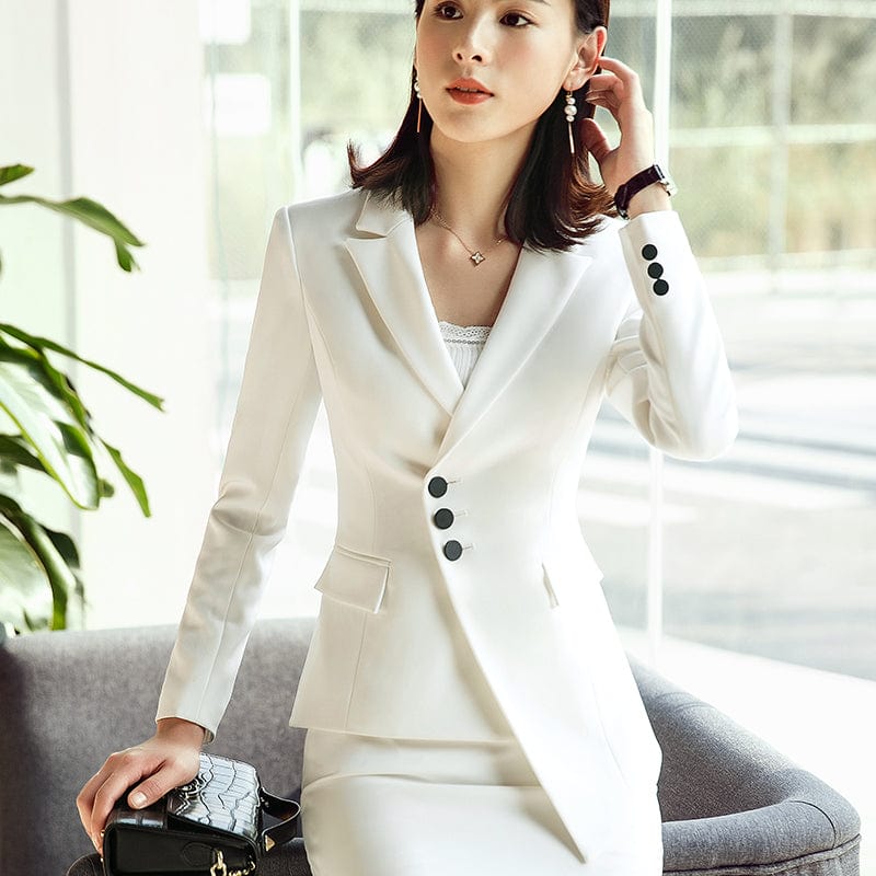 Lenshin 2 Pieces Set Formal Pant Suit with Pocket Women Work Wear Office Lady Uniform Style Business Jacket with Loose Pants