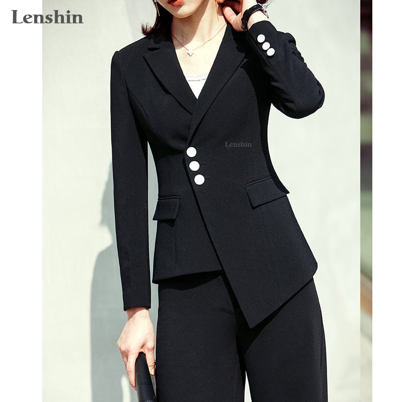 Lenshin 2 Pieces Set Formal Pant Suit with Pocket Women Work Wear Office Lady Uniform Style Business Jacket with Loose Pants