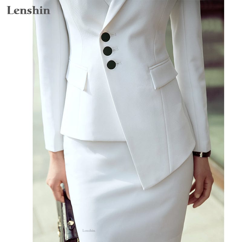 Lenshin 2 Pieces Set Formal Pant Suit with Pocket Women Work Wear Office Lady Uniform Style Business Jacket with Loose Pants