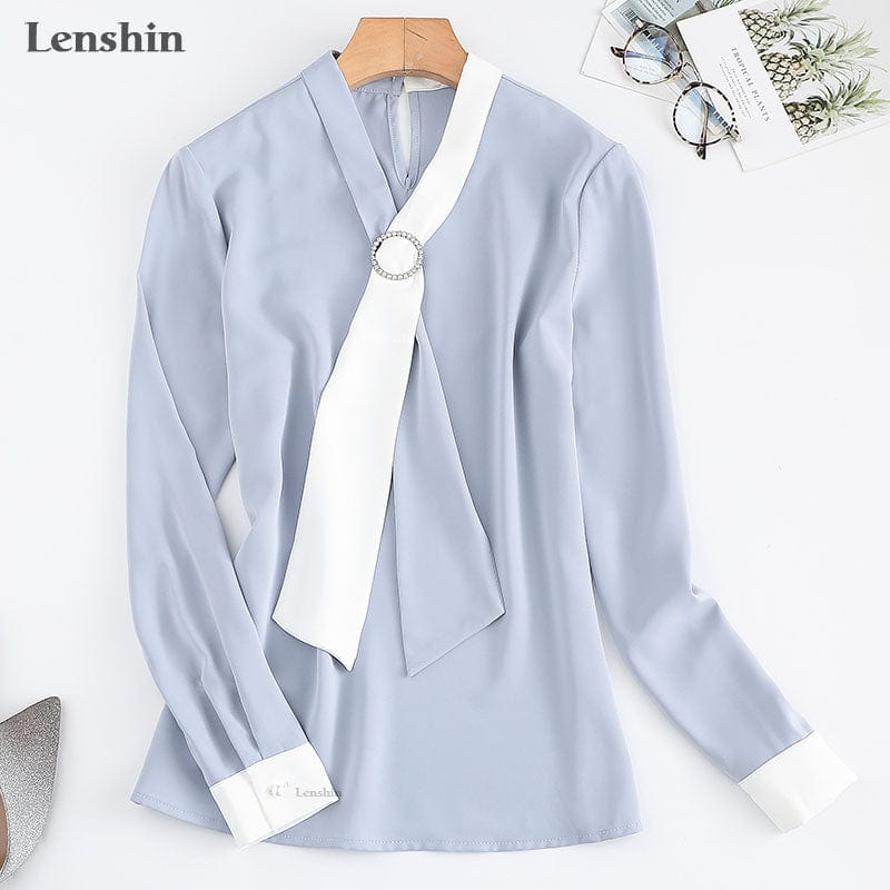 Lenshin V-neck Collar Tie Shirts for Women Blouse with Bow Work Wear Office Lady Female Tops Chemise Loose Fashion Style