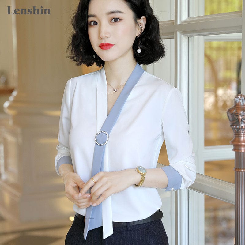 Lenshin V-neck Collar Tie Shirts for Women Blouse with Bow Work Wear Office Lady Female Tops Chemise Loose Fashion Style
