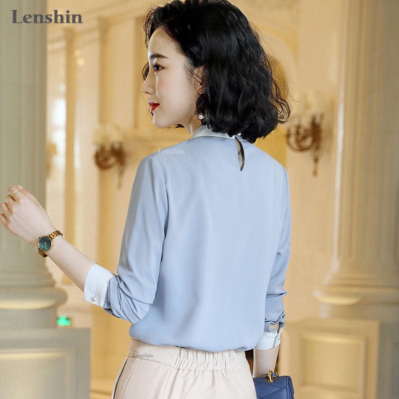 Lenshin V-neck Collar Tie Shirts for Women Blouse with Bow Work Wear Office Lady Female Tops Chemise Loose Fashion Style