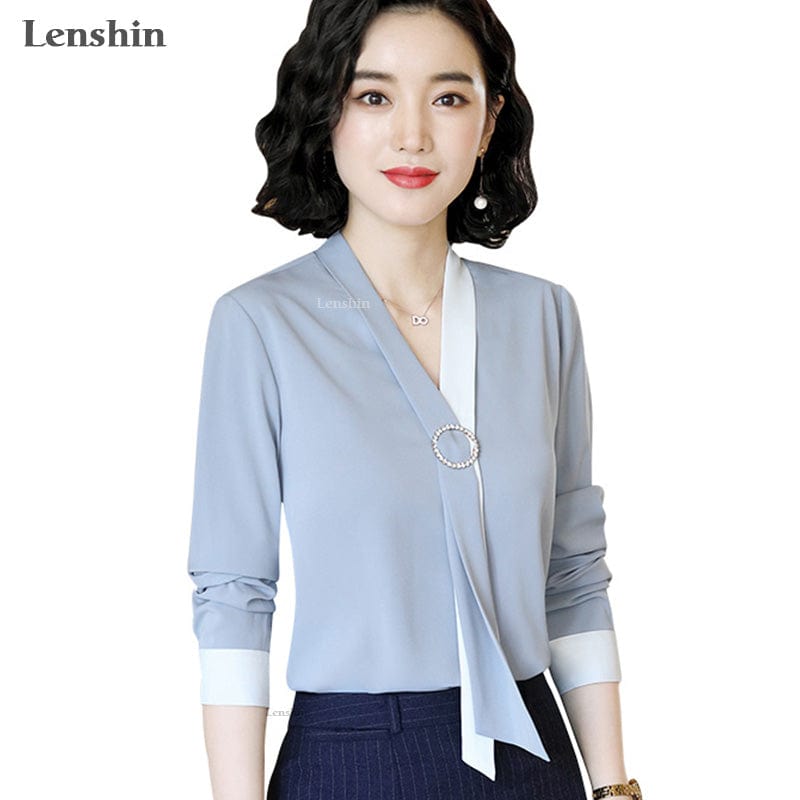 Lenshin V-neck Collar Tie Shirts for Women Blouse with Bow Work Wear Office Lady Female Tops Chemise Loose Fashion Style