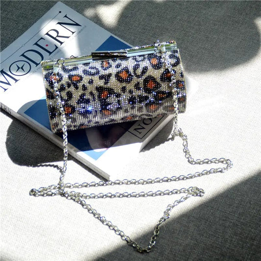 Leopard DY002 Leopard Fashion Diamonds Women Clutch Metal Luxury Rhinestones Shoulder Chain Small Female Handbags Purse