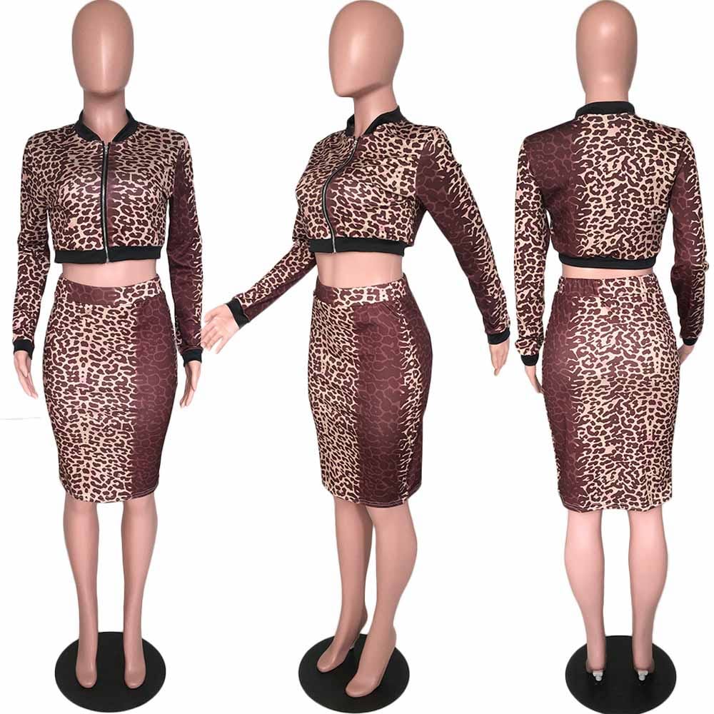 leopard print clothing women 2 piece crop top and skirt set