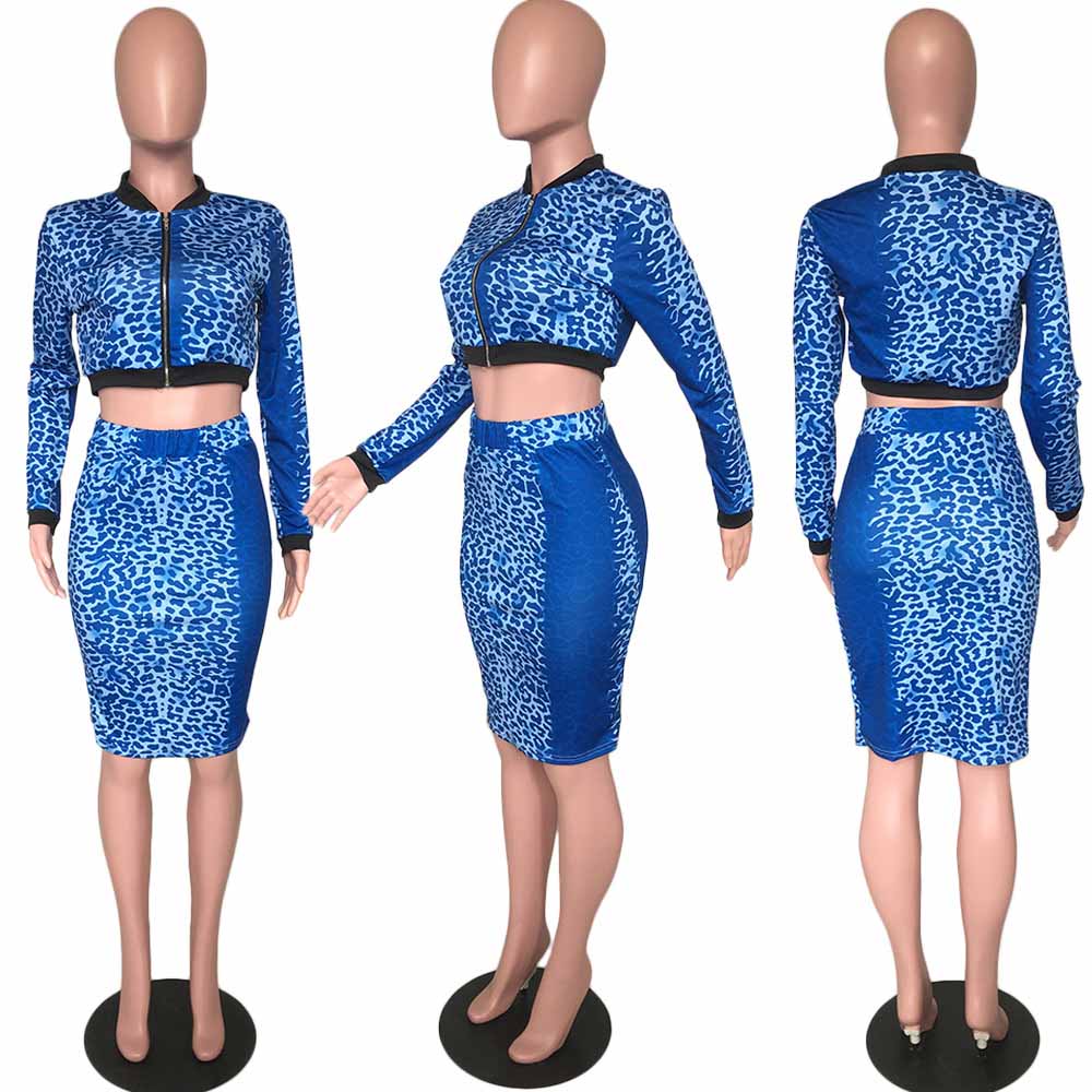 leopard print clothing women 2 piece crop top and skirt set