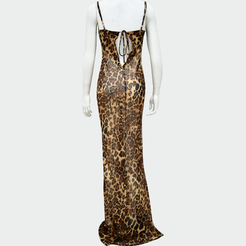 Leopard Print Sexy Women Long Dress Bodycon Strap Winter  Elegant Backless Maxi Party Vintage Dresses Y10598