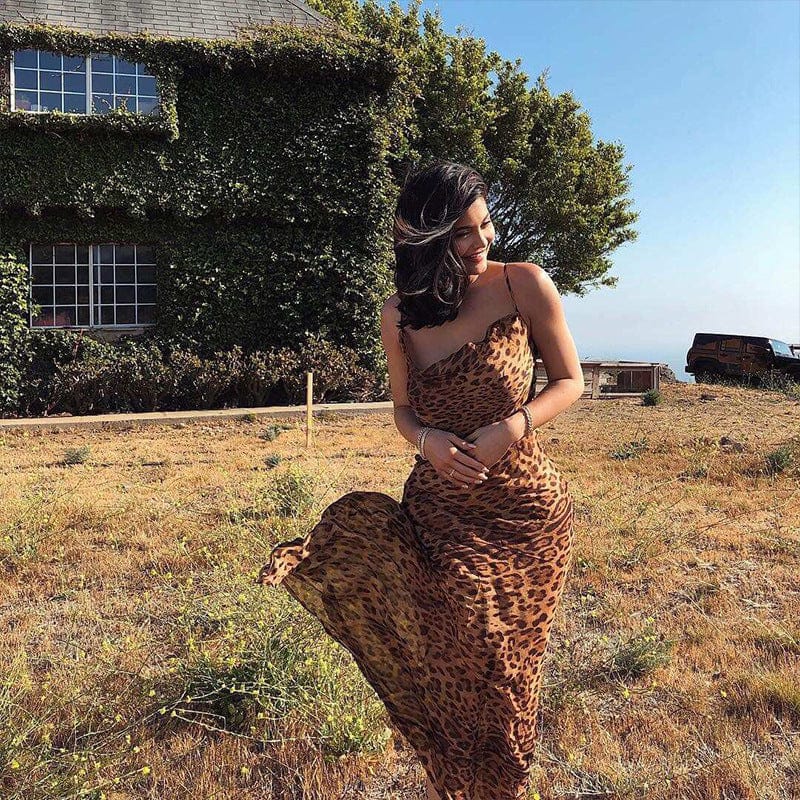 Leopard Print Sexy Women Long Dress Bodycon Strap Winter  Elegant Backless Maxi Party Vintage Dresses Y10598