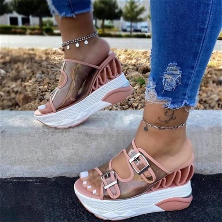 Leslides Jelly Slides Sandals Transparent Breathable Platform Shoes Sports Casual PU Leather Sandals Buckle for Women High Heels