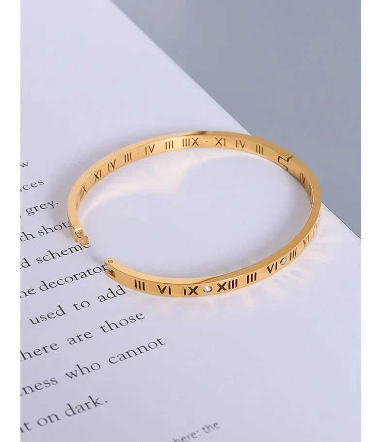 Lewell Ins Trendy Roman Numerals Bracelet Gold Cuff Bangle 18K Gold PVD Plated Stainless Steel Bangle For Women