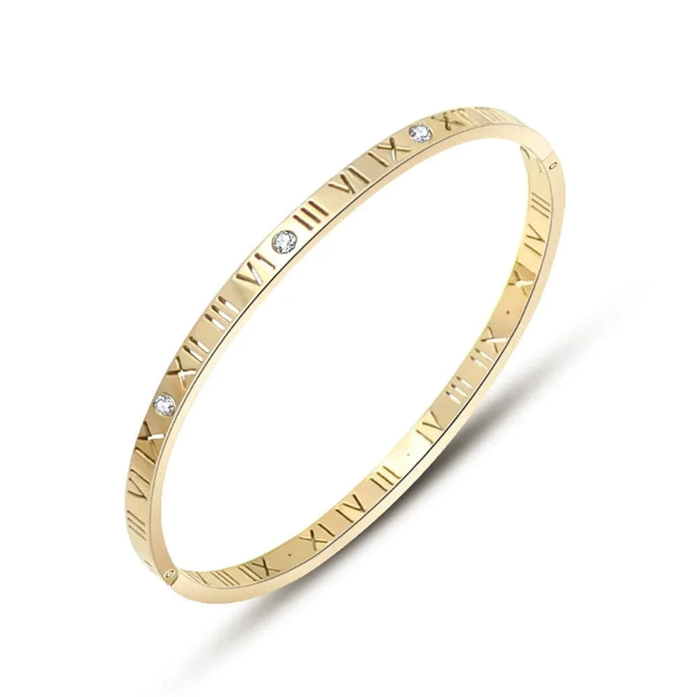 Lewell Ins Trendy Roman Numerals Bracelet Gold Cuff Bangle 18K Gold PVD Plated Stainless Steel Bangle For Women