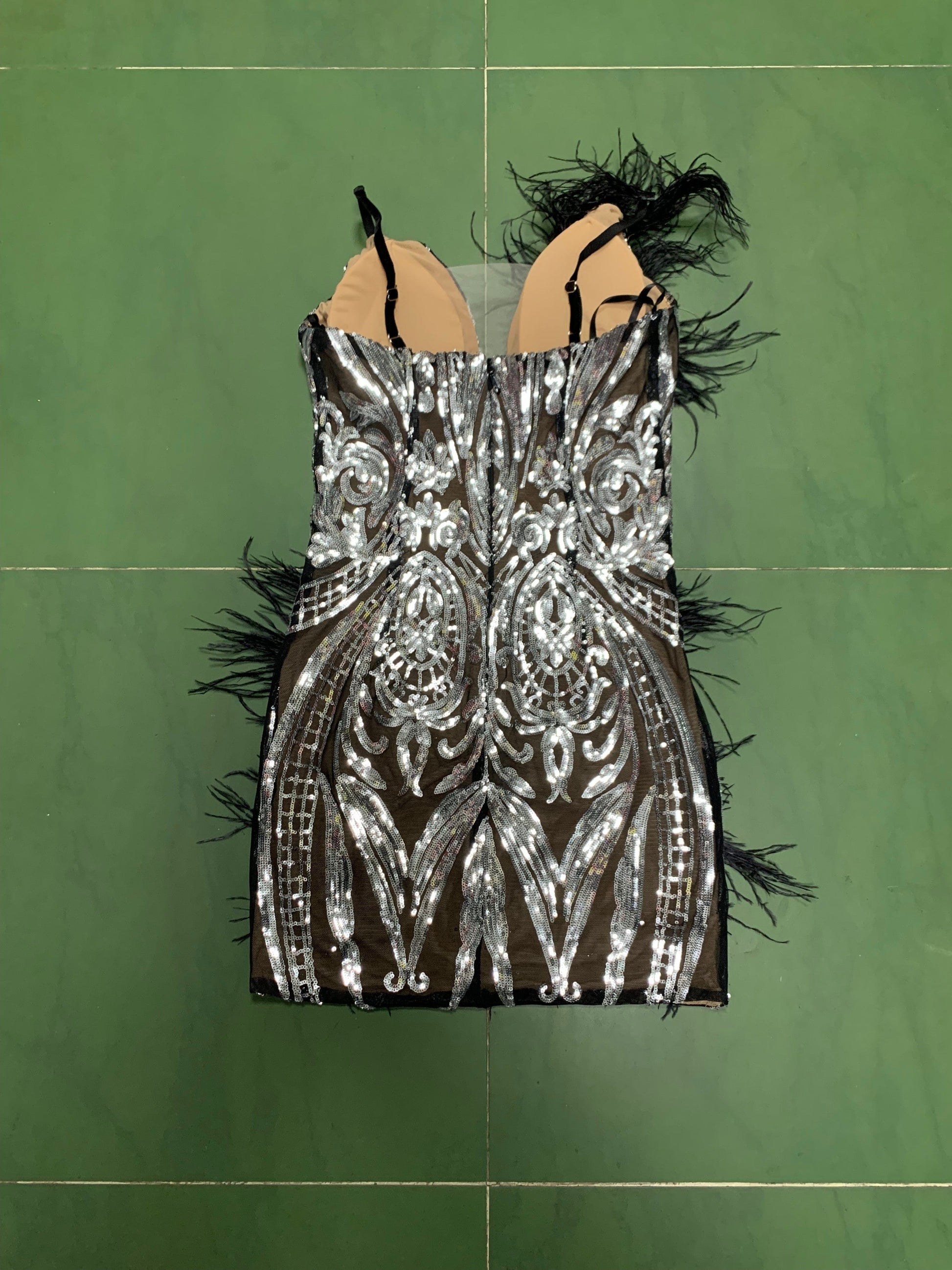 LF359 Kimshein Fashion High Quality Elegant Sequin Feathers Sexy Mini Evening Club Dress