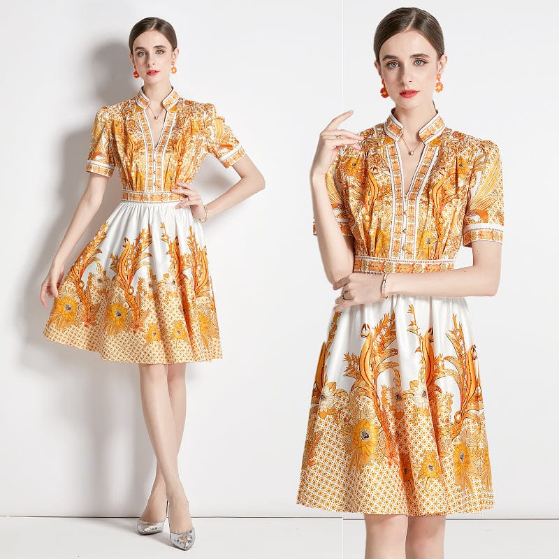 Light cooked royal sister V-neck printed dress women's new French niche high-end skirt XC5026068