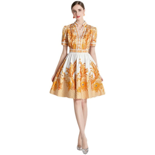 Light cooked royal sister V-neck printed dress women's new French niche high-end skirt XC5026068