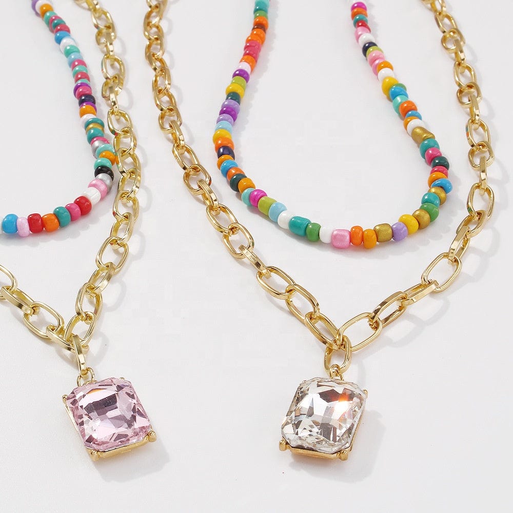 Light Jewelry New Arrival Gold Plated Chin Pink Diamond Pendant Bead Necklace For Women Girls