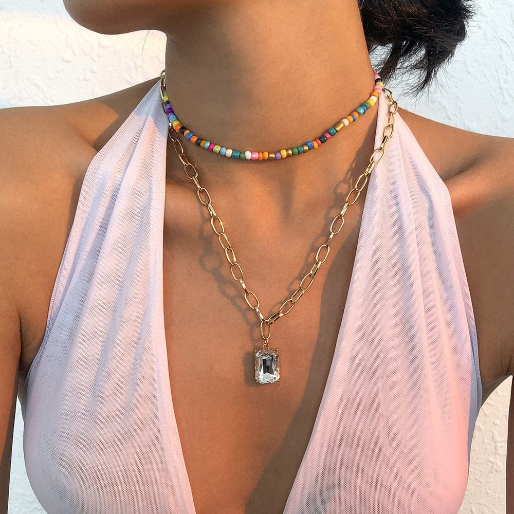 Light Jewelry New Arrival Gold Plated Chin Pink Diamond Pendant Bead Necklace For Women Girls