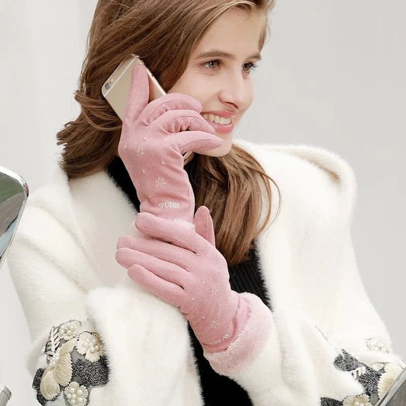 Light Pink Wholesale cute phone touch fur cuff snowflake touch screen thermal women's winter gloves