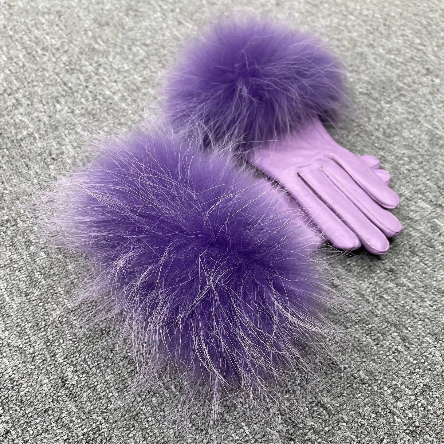 light purple Modern Style Beautiful Design Colorful Raccoon Fur Cuff Genuine Leather Gloves For Women