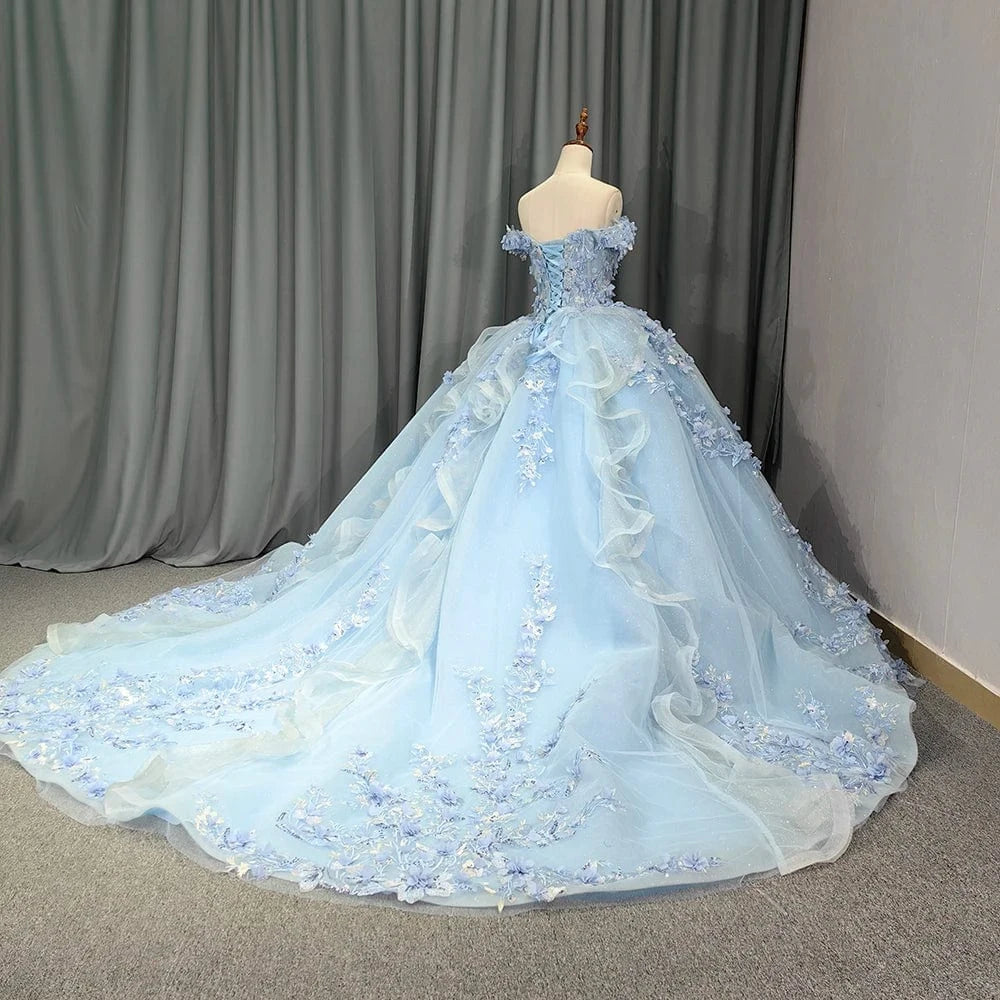 Light Sky Blue Quinceanera Dresses Ball Gown Off Shoulder 3D Rose Flowers Puffy Sweet 16 Dress Party Gowns 5834-1