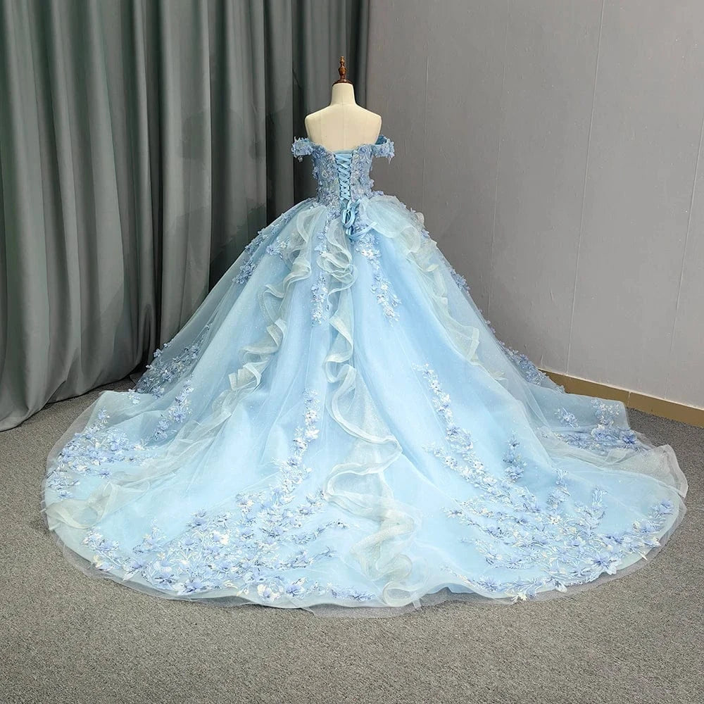 Light Sky Blue Quinceanera Dresses Ball Gown Off Shoulder 3D Rose Flowers Puffy Sweet 16 Dress Party Gowns 5834-1