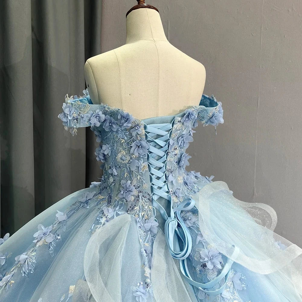 Light Sky Blue Quinceanera Dresses Ball Gown Off Shoulder 3D Rose Flowers Puffy Sweet 16 Dress Party Gowns 5834-1