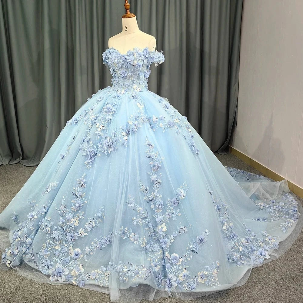 Light Sky Blue Quinceanera Dresses Ball Gown Off Shoulder 3D Rose Flowers Puffy Sweet 16 Dress Party Gowns 5834-1