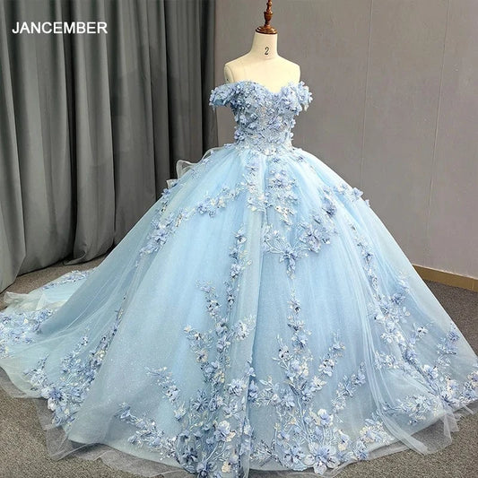 Light Sky Blue Quinceanera Dresses Ball Gown Off Shoulder 3D Rose Flowers Puffy Sweet 16 Dress Party Gowns 5834-1