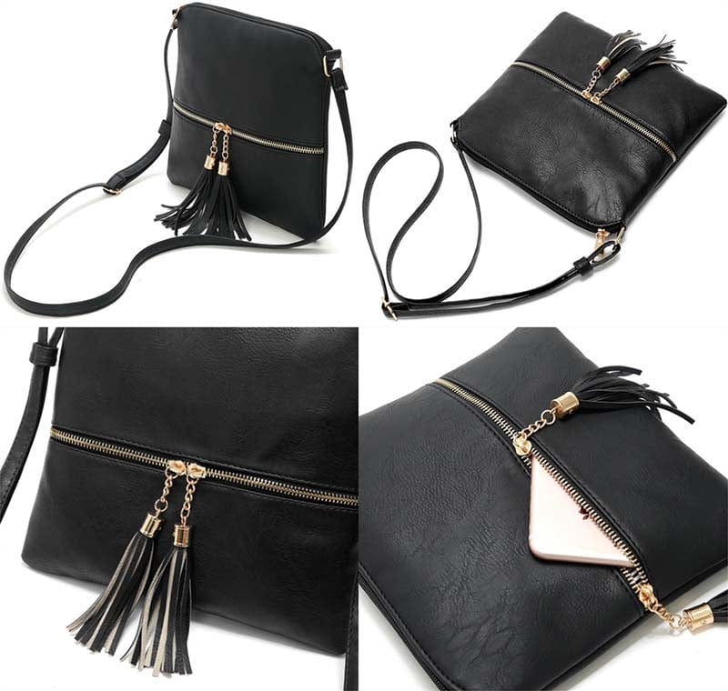 Lightweight Medium Sized Purse Dome Avery Crossbody Bag with Tassel and Zipper Pocket and Adjustable Strap